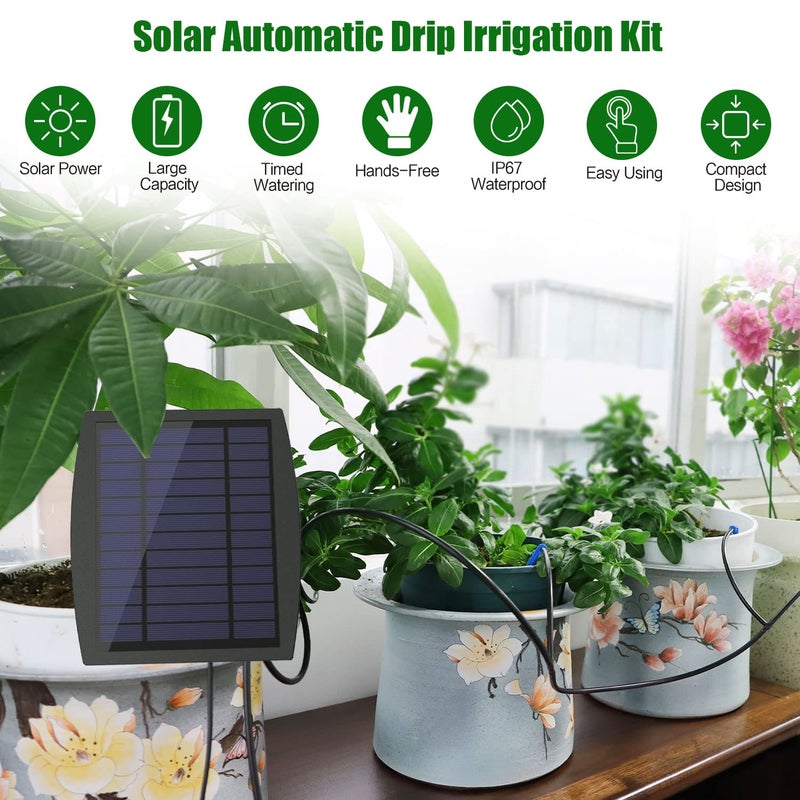 JIYANG Solar Automatic Drip Irrigation Kit System, Solar Powered Auto Easy DIY Watering Device Supported Pots Plants, 12 Timing Modes with Anti-Siphoning Device (Supported 20-30 Pots, 12Timing Modes) - Image 2
